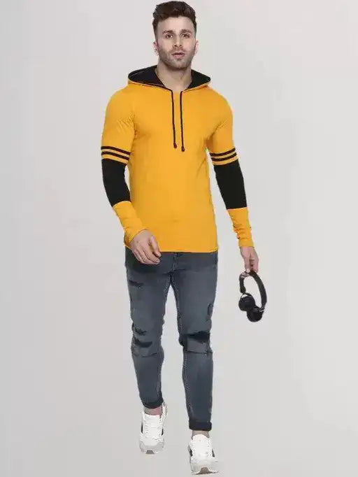 Color Block Hooded T-Shirt for Men | Mustard Long Sleeve Hoodie