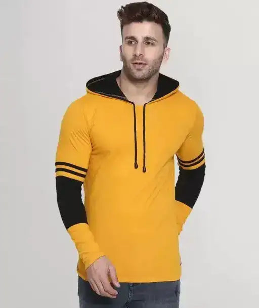 Color Block Hooded T-Shirt for Men | Mustard Long Sleeve Hoodie