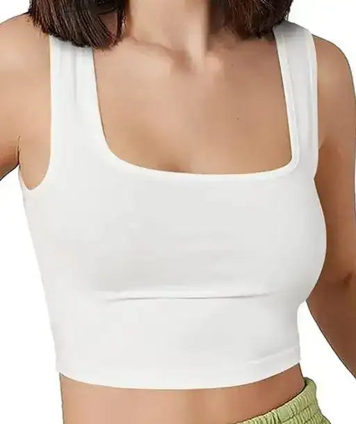 Edge Notch Neck Ribbed Tank Top for Women & Girls | Solid White Crop Top