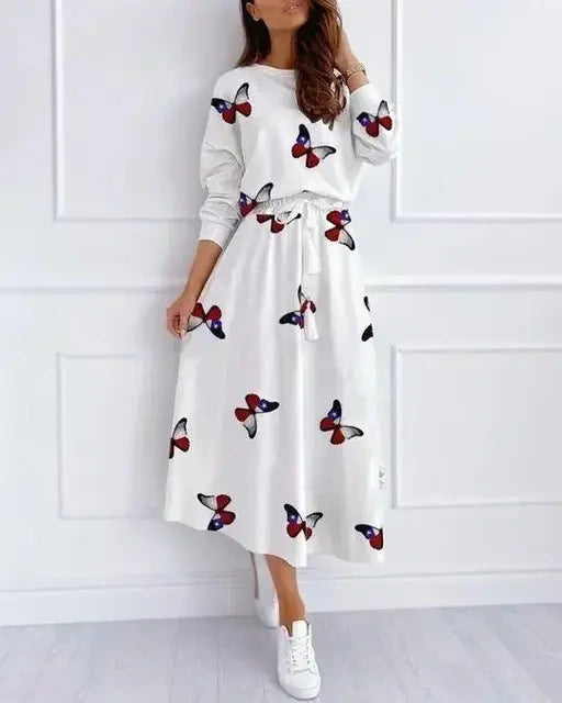 Comfortable Butterfly Print Poly Silk Dress for Women | Three-Quarter Sleeves