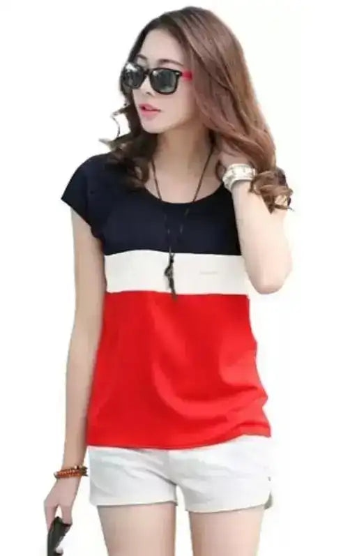 Trendy Colorblocked Women’s T-Shirt | Cotton Blend Casual Top | Short Sleeves