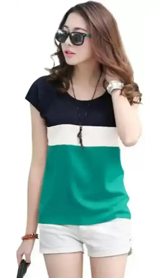 Trendy Colorblocked Women’s T-Shirt | Cotton Blend Casual Top | Short Sleeves