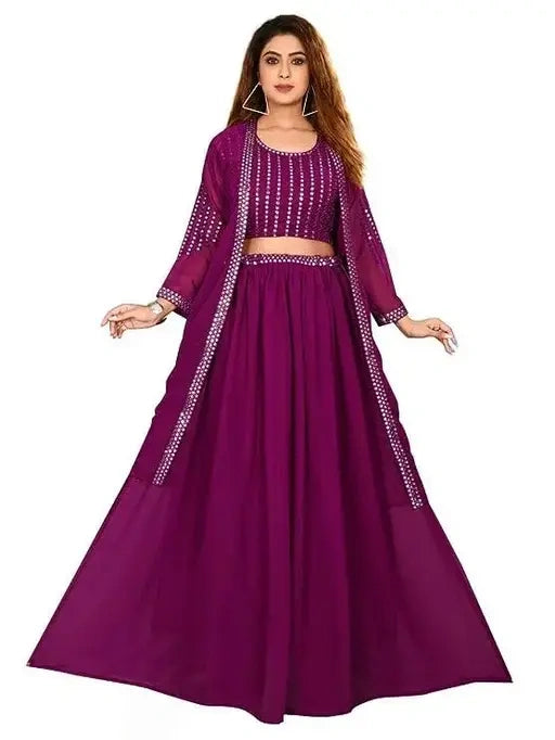 Women’s Georgette Crop Top Lehenga with Shrug | Fancy Indo Western Set | Ethnic Wear