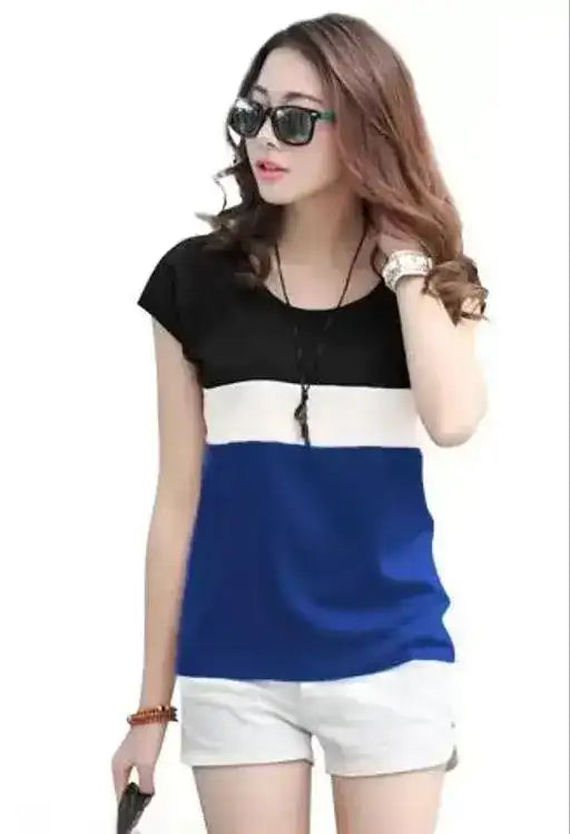 Trendy Colorblocked Women’s T-Shirt | Cotton Blend Casual Top | Short Sleeves