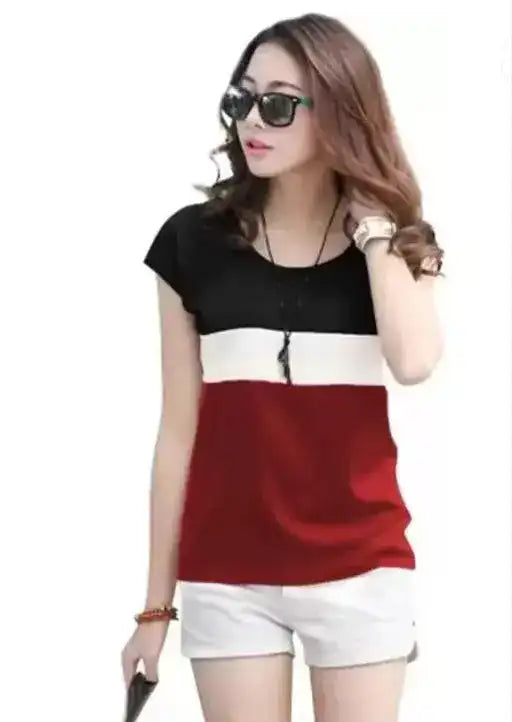 Trendy Colorblocked Women’s T-Shirt | Cotton Blend Casual Top | Short Sleeves