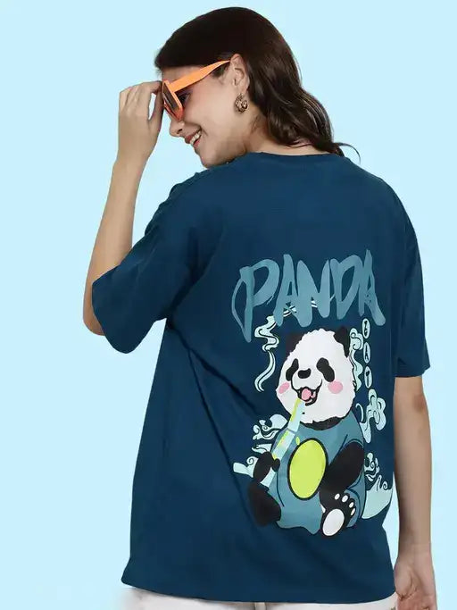 Oversized Graphic Printed Cotton T-Shirt for Women | Panda Design | Casual Loose Fit