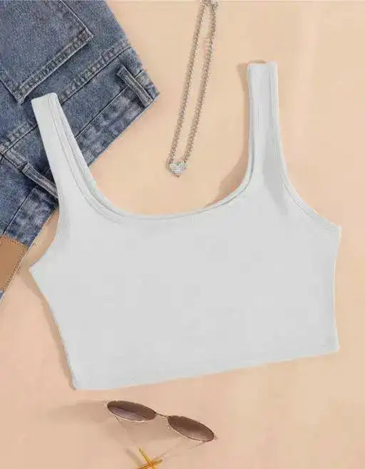 Edge Notch Neck Ribbed Tank Top for Women & Girls | Solid White Crop Top